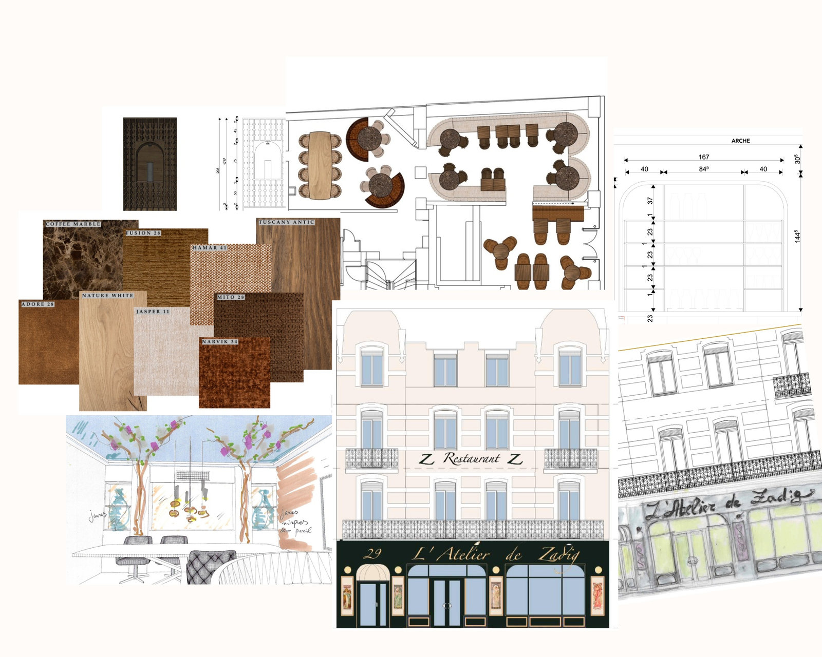 Planche de conception : matériaux, plans et élévations de la façade de L’Atelier de Zadig